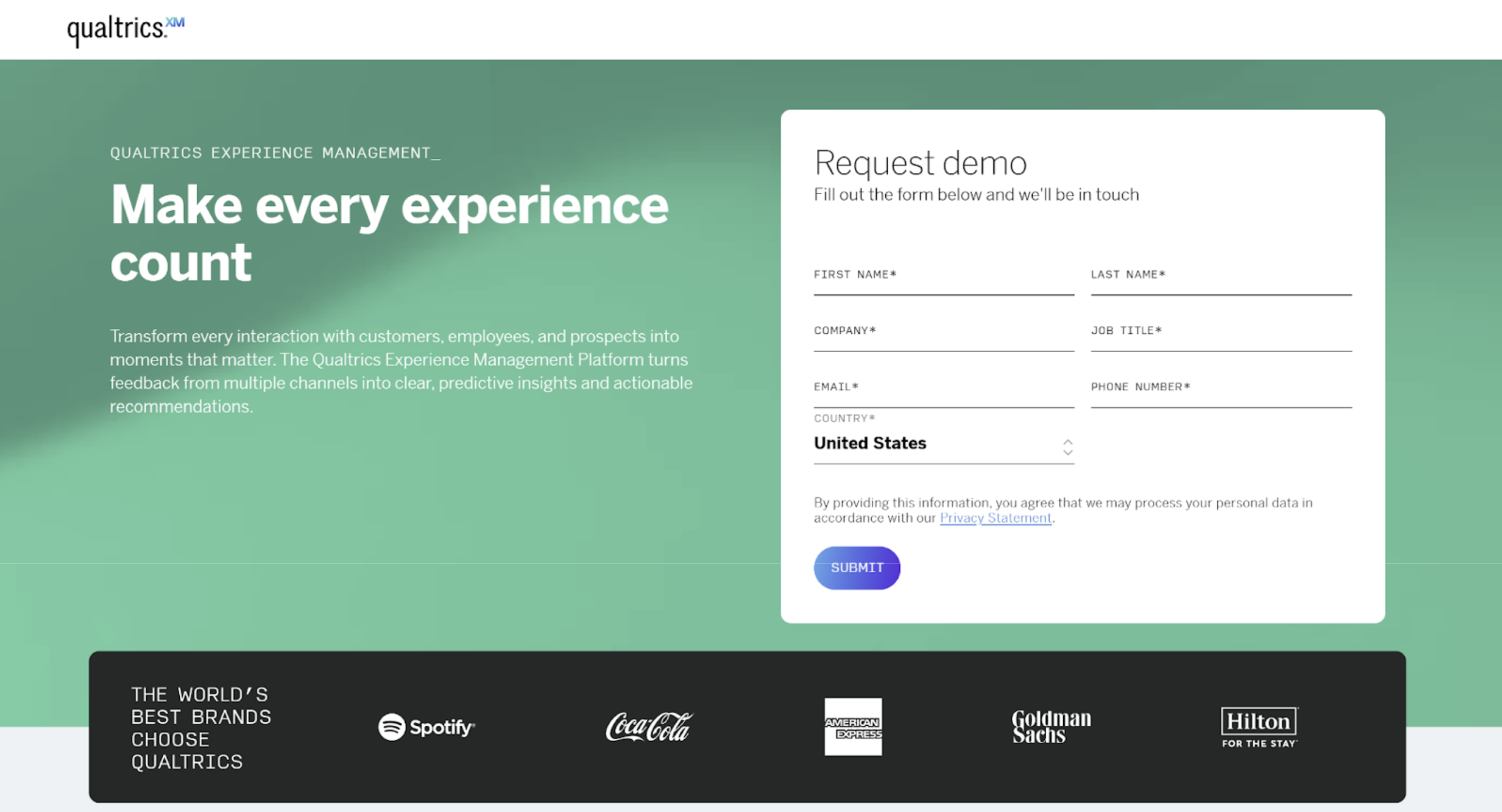 Qualtrics’ home page, which contains a form to request a demo